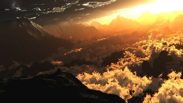 sun rays, mountains, clouds, nature, HD wallpaper