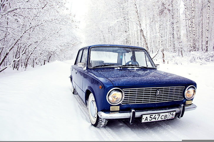 blue Lada Riva, winter, forest, snow, penny, 2101, VAZ, car, outdoors