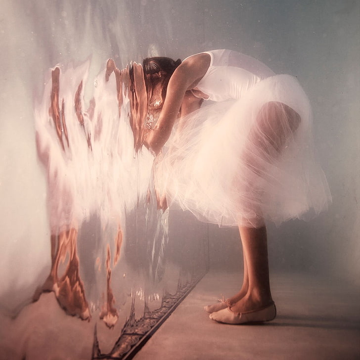 painting of woman wearing ballet, white dress, photography, artwork
