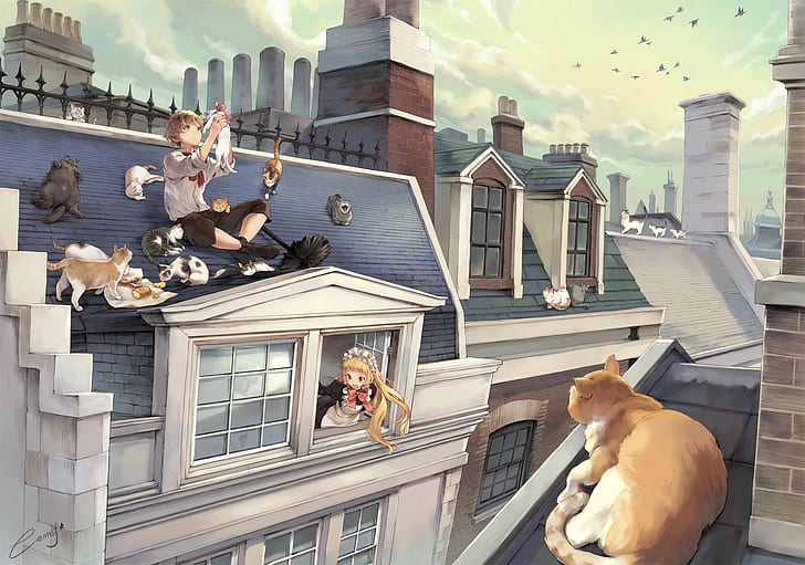 anime, landscape, cat, rooftops
