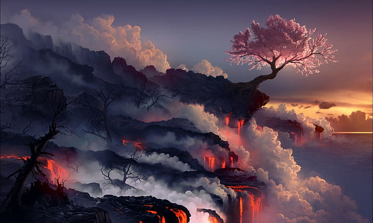 fantasy art, lava, landscape, cherry blossom, sunset, life