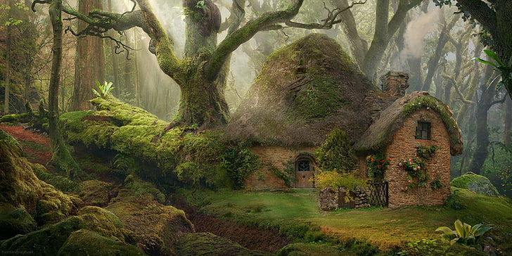 brown hobbit house, nature, forest, fantasy art, tree, plant