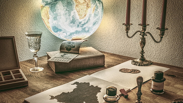 globe, candles, drawing, table, beige, indoors, no people, publication, HD wallpaper