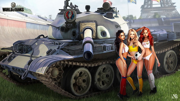 World of Tanks graphic poster, field, grass, girls, football