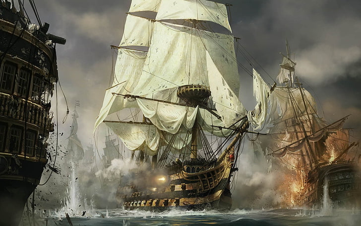 sea, old ship, artwork, video games, Empire: Total War, water, HD wallpaper