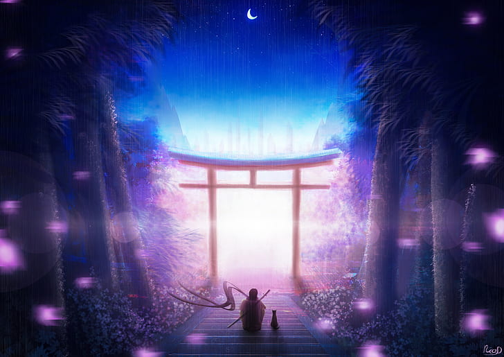 torii, art, solitude, night, warrior, HD wallpaper