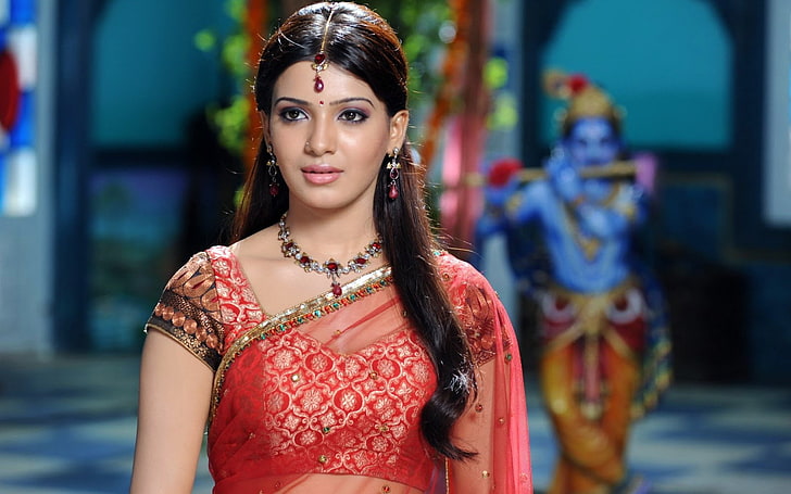 women's red and white V-neck sari dress, Actresses, Samantha Ruth Prabhu