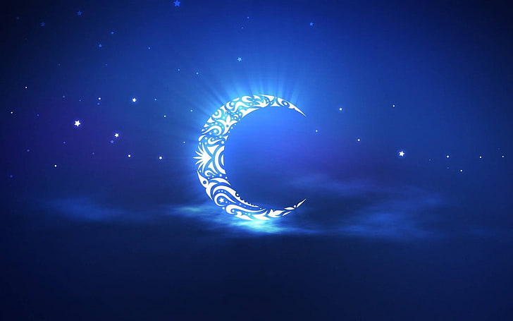 black and white crescent painting, Moon, illuminated, blue, glowing, HD wallpaper