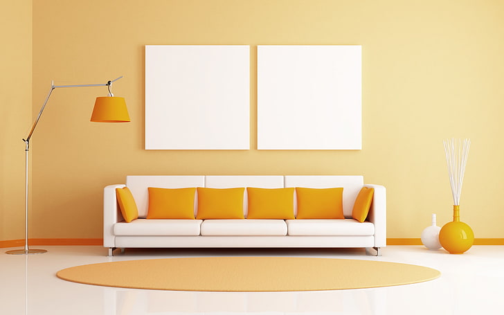 Orange Room Sofa And Pillows, white leather 3-seat mid-century modern sofa, HD wallpaper