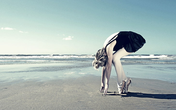 beach, ballerina, women outdoors, sea, land, water, sky, full length