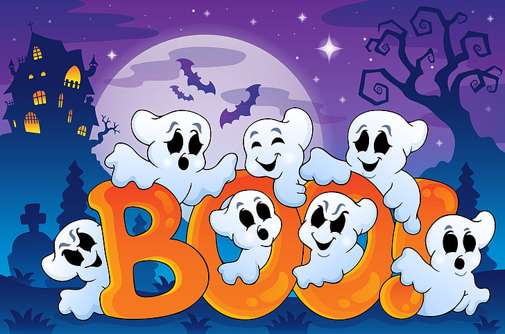Halloween, bats, full moon, vector graphics, spooky house, funny ghosts, HD wallpaper