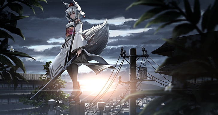 gray-haired female fictional character wallpaper, Inubashiri Momiji