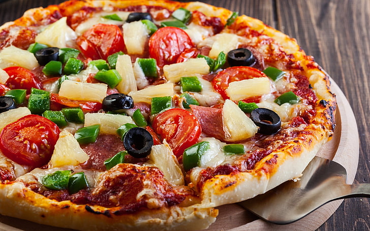 food, pizza, tomatoes, olives, pineapples, food and drink, vegetable, HD wallpaper