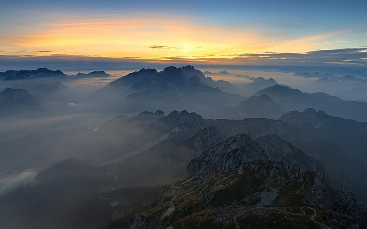 nature, landscape, mountains, mist, summit, sky, clouds, infinity