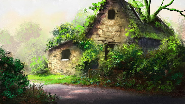 peabody, houses, trails, trees, beautiful, painting, HD wallpaper