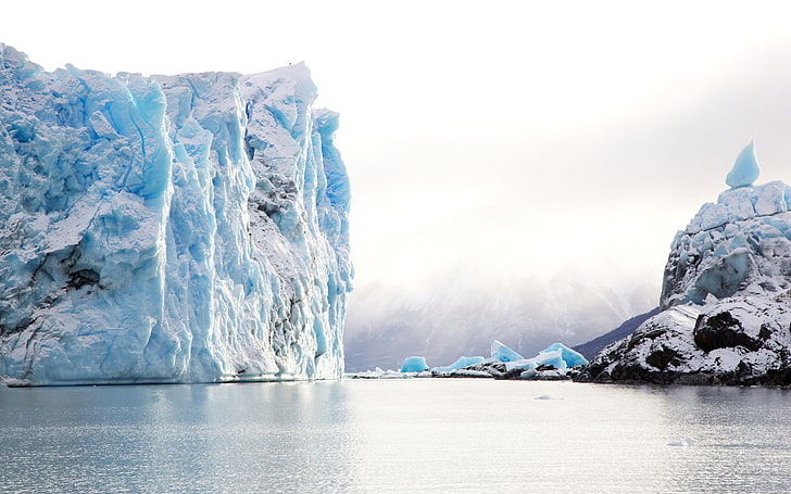 calm body of water, nature, landscape, winter, iceberg, sea, clouds, HD wallpaper