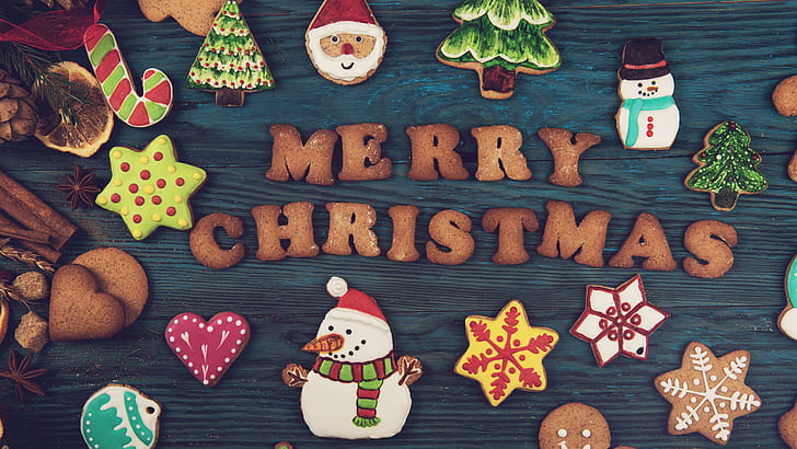 merry christmas, gingerbread, cookies, design, wood planks, HD wallpaper