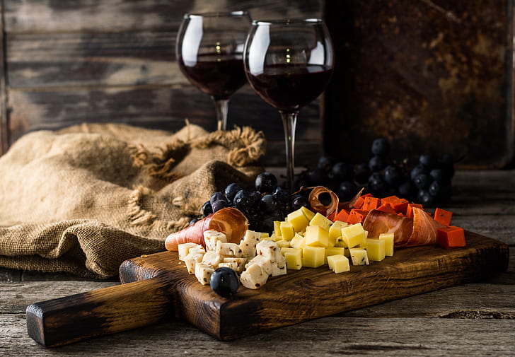 still life, food, grapes, wine, cheese