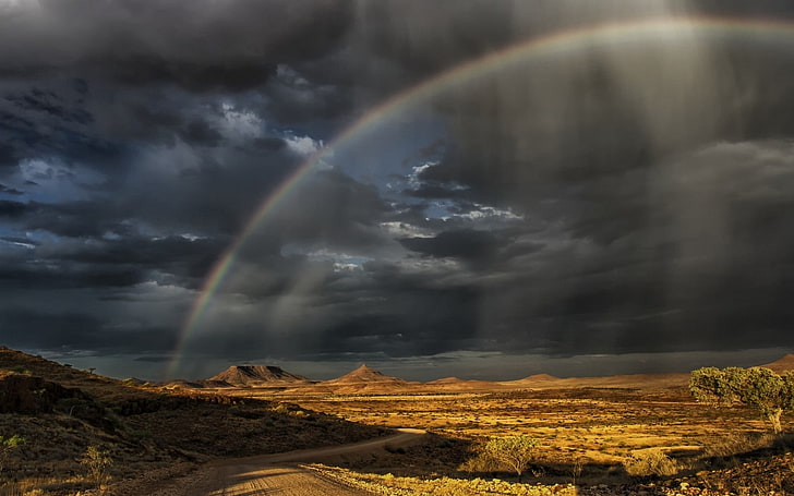 nature, landscape, rainbows, clouds, road, sunset, Namibia