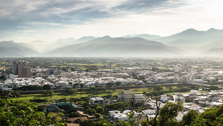 Taiwan, city, Taitung, mountains, architecture, building exterior, HD wallpaper