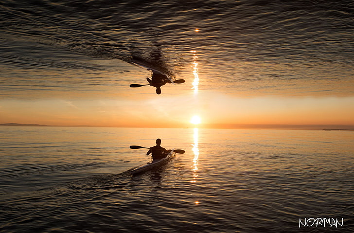 man on kayak reflection edited photo, Baltic Sea, kayaks, sunset