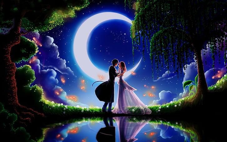 anime, 2560x1600, couple, love, night, moon, uktra hd