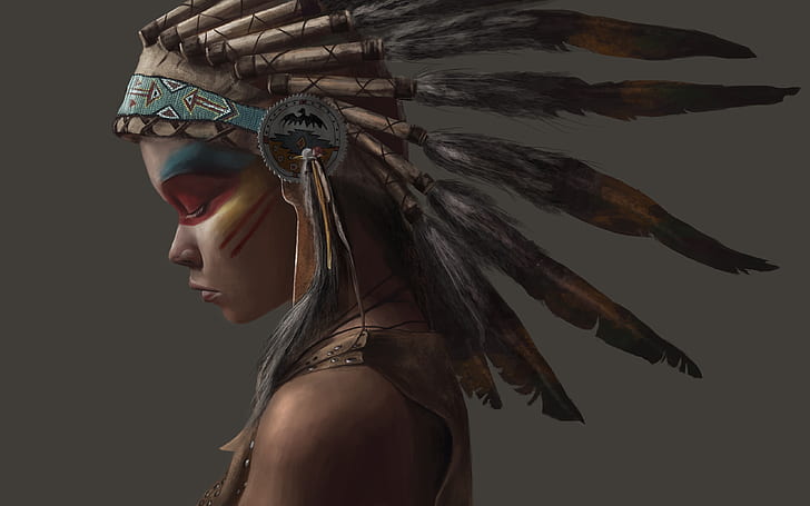 Artistic, Native American, Feather, Girl, HD wallpaper