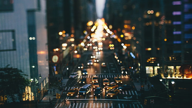yellow vehicles, aerial photo of street full of cars, city, tilt shift