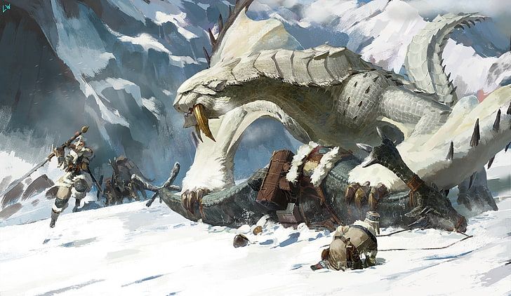 white monster illustration, Monster Hunter, heroic fantasy, dragon