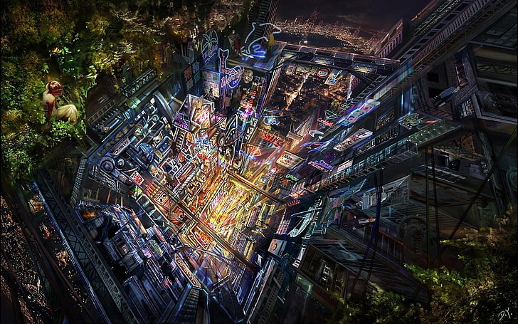 birds eye view of cityscape, artwork, digital art, neon, vertical, HD wallpaper