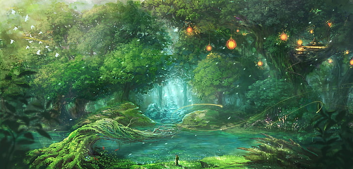 rain forest wallpaper, fantasy art, trees, birds, plant, water