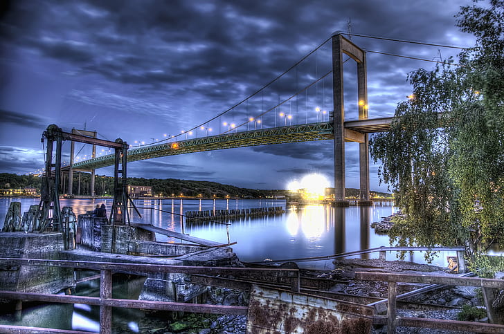 edited photo of a suspension bridge, HDR, göteborg, gothenburg, HD wallpaper