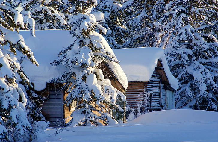 winter, snow, seasons, hut, HD wallpaper