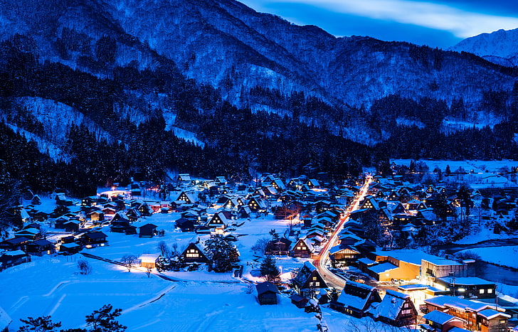 white mountain, winter, snow, mountains, night, lights, home, HD wallpaper