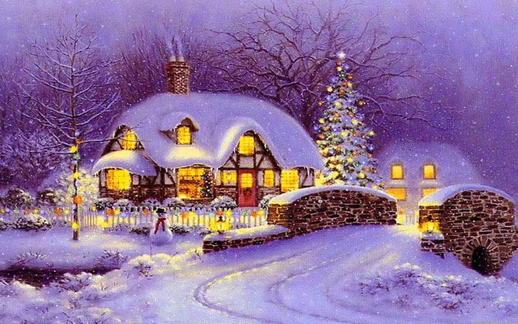 Christmas Evening, new year, merry christmas, cold, snowman, village
