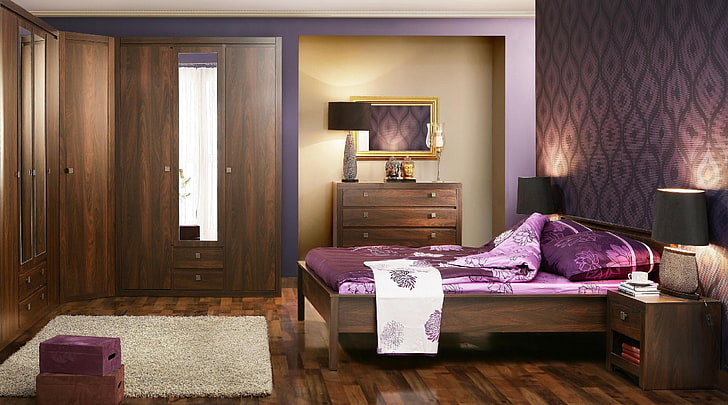 brown wooden 3-door cabinet with mirror and 2-drawer dresser, HD wallpaper