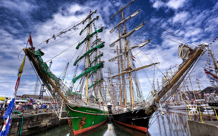 two green and black sailing ships, HDR, boat, vehicle, nautical vessel, HD wallpaper