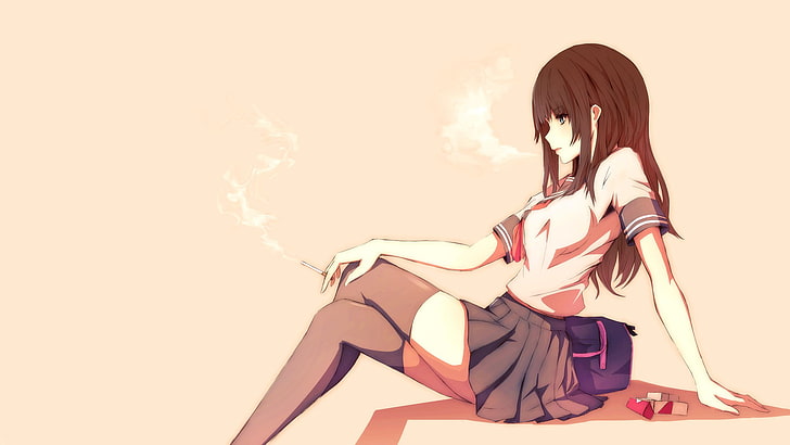 brown haired female anime character, brown haired anime girl sitting illustration
