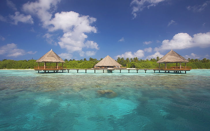 three brown wooden dock gazebos, beach, island, tropical, built structure