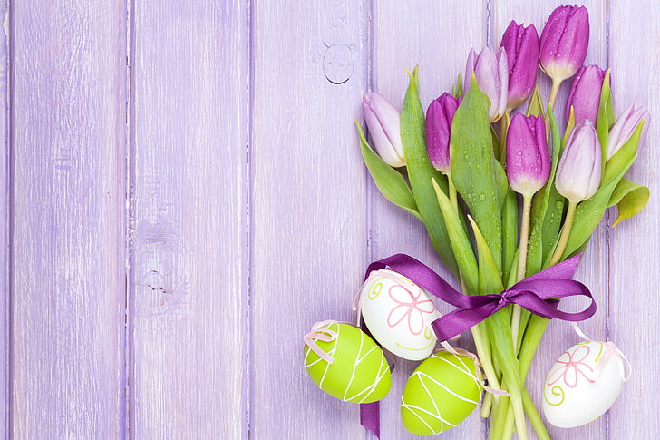 purple tulip flowers, eggs, Easter, tulips, spring, freshness, HD wallpaper