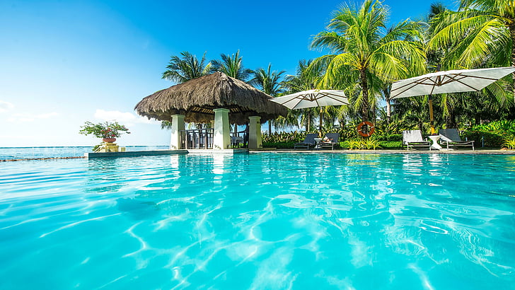 nikon, summertime, asia, palms, swimming pool, blue water, cebu, HD wallpaper