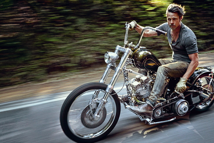 black and gray chopper motorcycle, road, actor, male, Brad Pitt, HD wallpaper