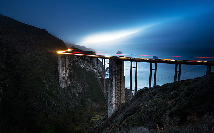 Bixby Bridge, Blue hour, Ocean view, 4K, California, Big Sur, HD wallpaper