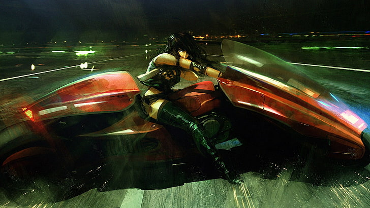 futuristic, cyberpunk, motorcycle, Akira, women with bikes