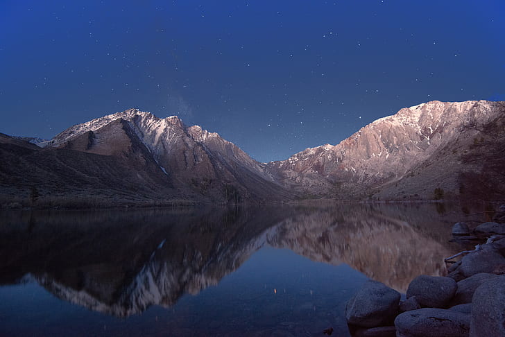 mountain near in body of water, convict lake, convict lake, before dawn