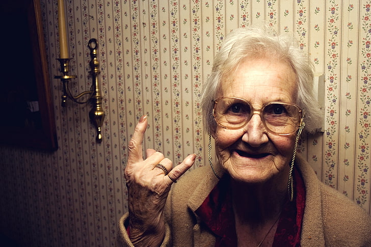 women's brown button-up coat, old people, glasses, rock and roll, HD wallpaper