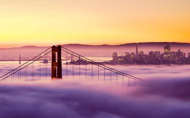 Golden Gate Bridge, San Francisco, sunset, fog lights, buildings