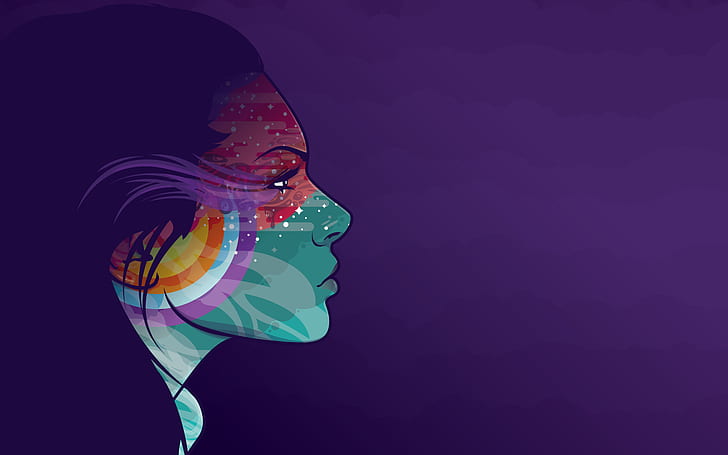 Face Purple Colorful Abstract HD, teal-red-and-purple illustration of woman, HD wallpaper