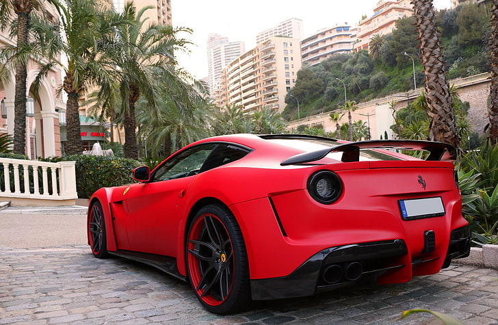 red and black Ferrari sports car, f12, berlinetta, supercar, novitec rosso