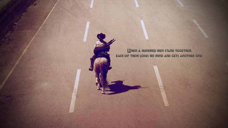 man riding on horse with text overlay, The Walking Dead, sport, HD wallpaper